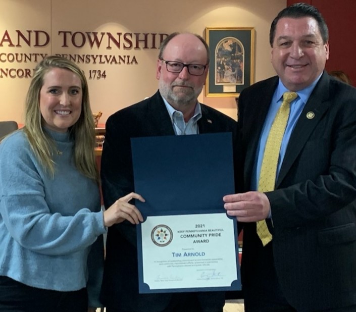 From Left: Morgan Schuster, Bucks County Conservation District and Keep Bucks County Beautiful representative, Tim Arnold, Richland Township Supervisor and State Representative Craig Staats